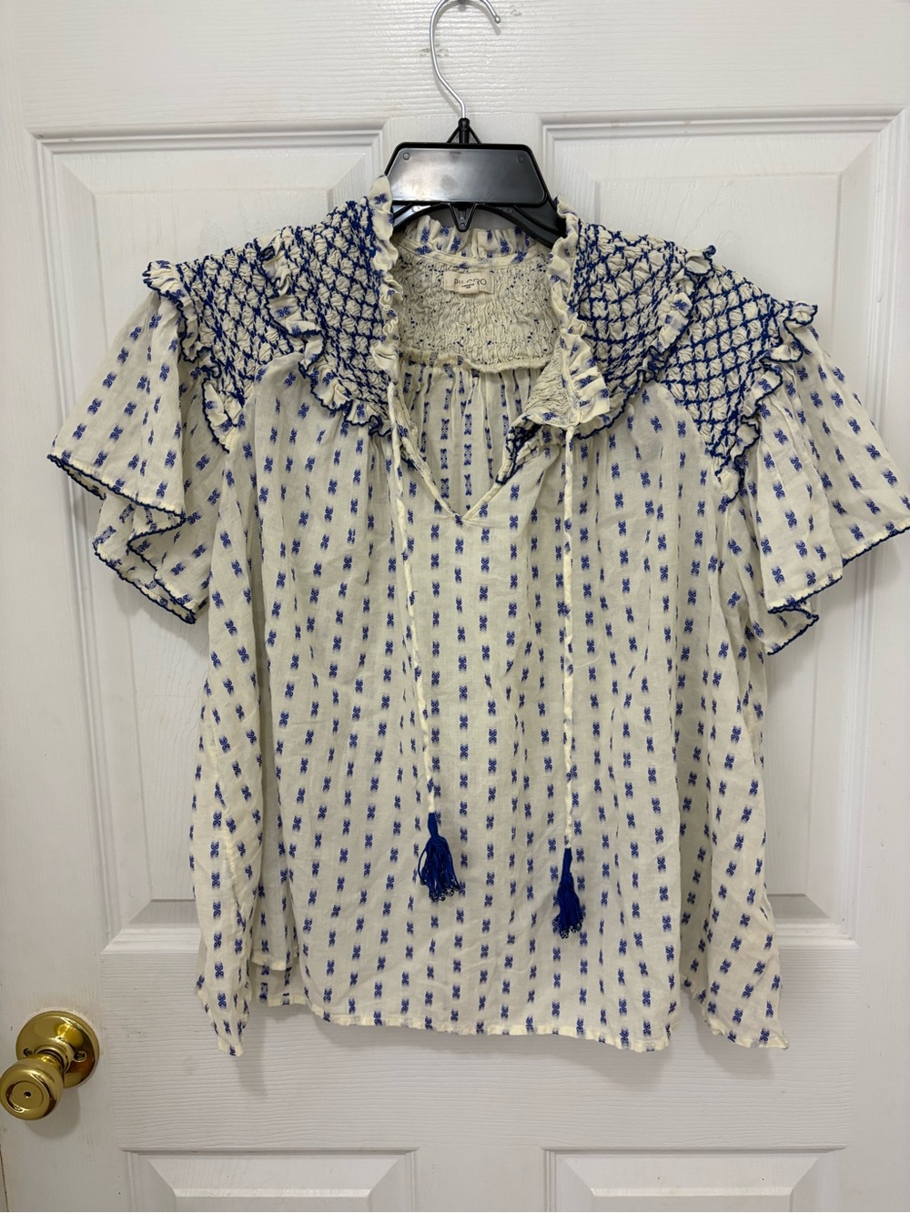 Anthropologie Pilcro Short-Sleeve Smocked Clip Dot Blouse - Picture 5 of 10